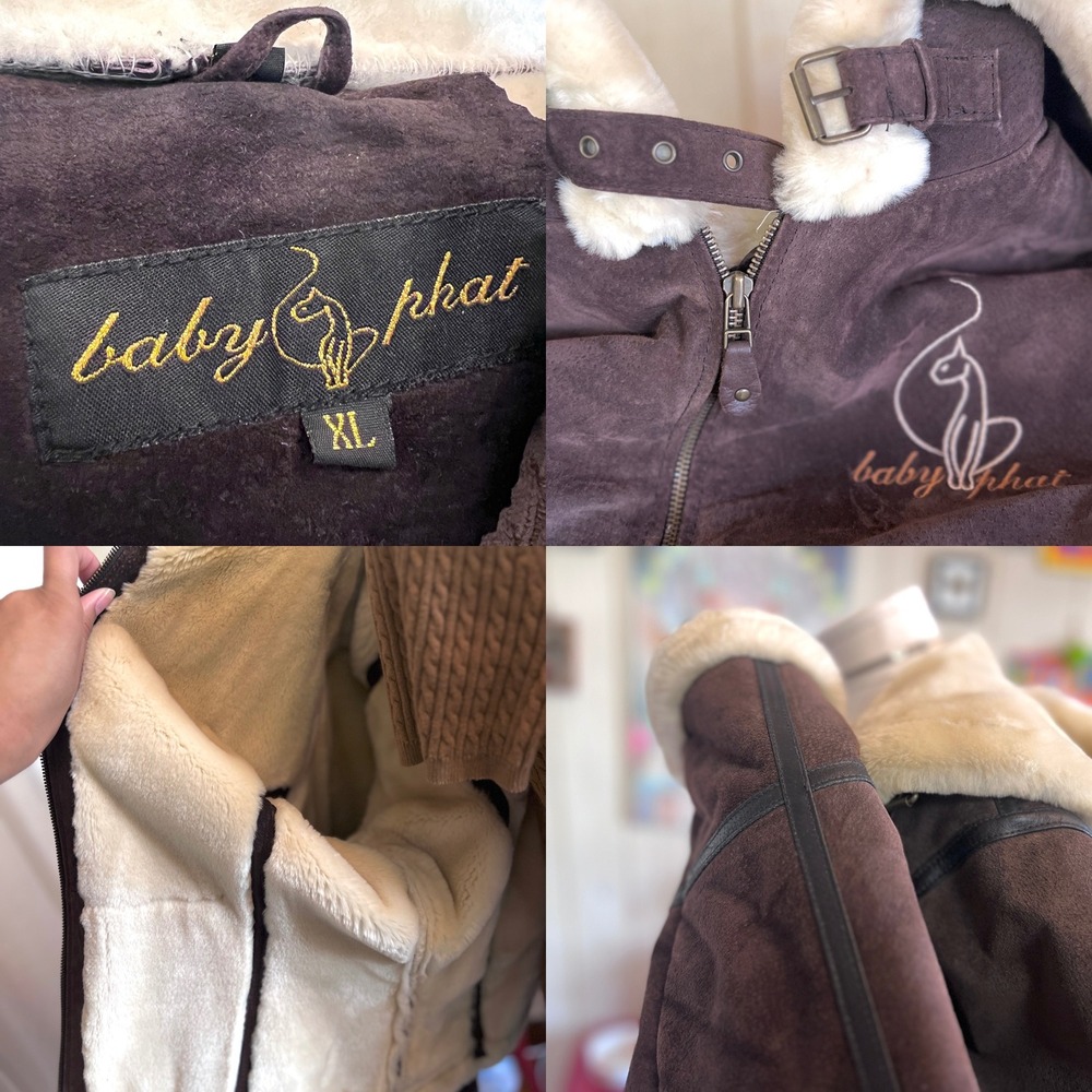 Baby Phat Brown Leather Faux Fur Lined Zip Up Hood Jacket Buckle Collar Womens L - Picture 6 of 12